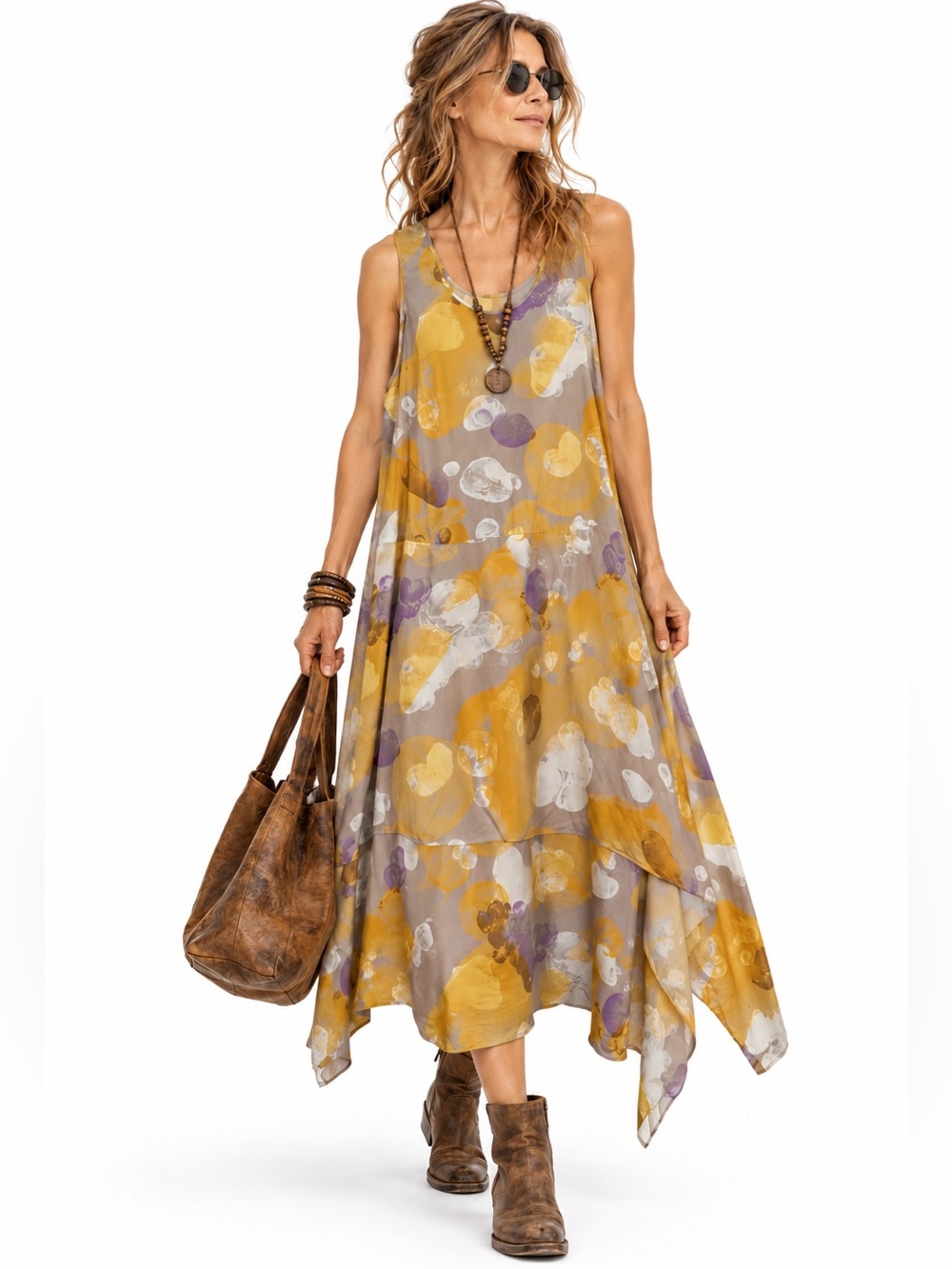 COS 100% Silk Watercolor Floral Asymmetric Layered Midi Dress Lagenlook Size 6